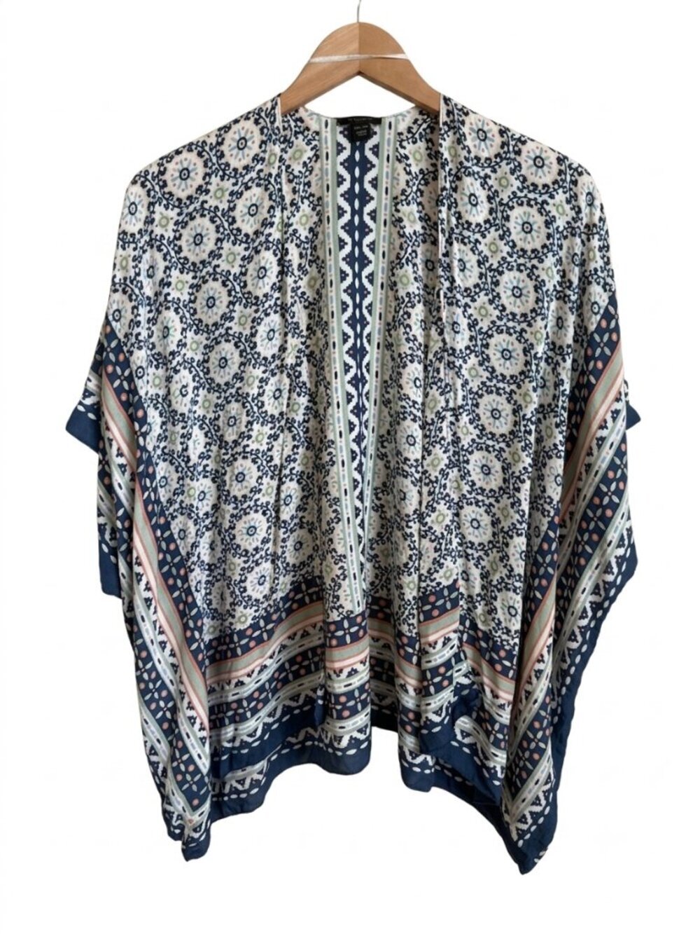 Ann Taylor Factory Floral Border Print Kimono Cardigan One Size Boho Blue Resort